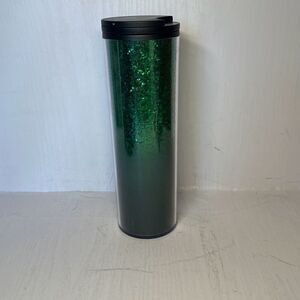 Starbucks  16 Oz  Plastic Tumbler Black with Green Glitter ‎ Black Lid 2017 New